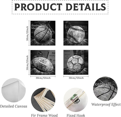 BLINFEIRU Sports Wall Decor for Boys, Black and White Sports Wall Art, Vintage Soccer Football Baseball Basketball Pictures Artwork, Modern Canvas Prints Home Men Bedroom Decoration 12"x12"x4