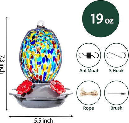 Muse Garden Hand Blown Glass Hummingbird Feeder - 19OZ Plastic Base Humming Bird Feeders for Outdoors Hanging, Garden Decor Gifts for Bird Lovers, Blue Polka Dots
