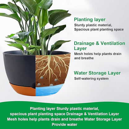8/8/10/12 Inch Pots for Plants, 4 Pack Large Self Watering Pots for Indoor Plants with Drainage and Saucers, Plastic Outdoor Flower Pot(Grey)