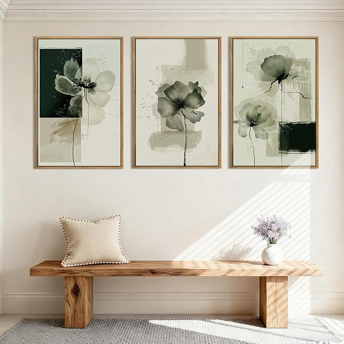 ANHUIB Black Neutral Floral Wall Art 16x24 Inch Abstract Flower Wall Decor Waterolor Painting Set of 3 for Living Room Bedroom Bathroom