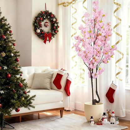 7.2ft Tall Pink Faux Cherry Blossom Tree for Home Decor, Likelike Artificial Silk Flower Cherry Branches Tree Indoor Outdoor, Sakura Tree Realistic Fake Flowering Plant for Christmas Decor