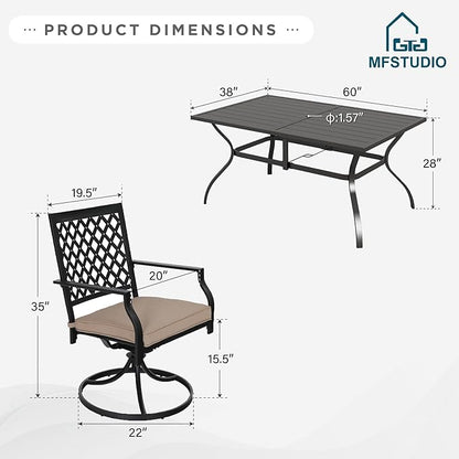 MFSTUDIO Patio Dining Set for 6, Outdoor Dining Set with 1 Rectangular Metal Table 6 Swivel Chairs, Outdoor Table and Chairs Set with Umbrella Hole for Deck, Backyard, Countyard & Garden