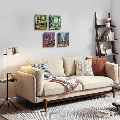 Framed Botanical Garden Living Room Wall Art, Black Cat and Plants Reading Room Home Decor, 4 Piece Canvas Prints 8 x 10 Inch