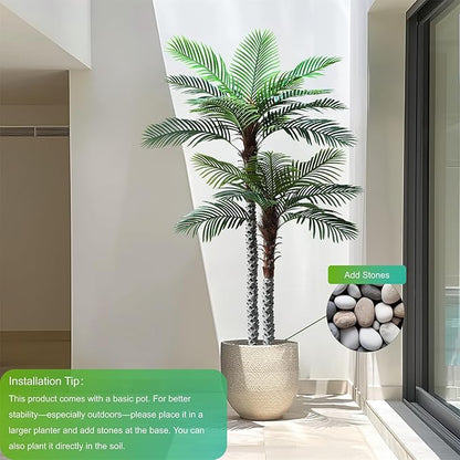 8ft Tall UV Resistant Faux Palm Tree, 96in Artificial Palm Tree Indoor Outdoor, Fake Tree with Real Bark and Realistic Leaves and for Home House Office Living Room Yard Patio.