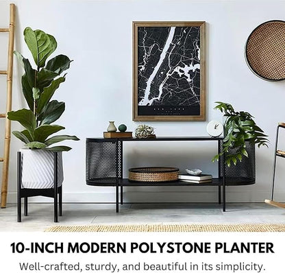 Fox & Fern 10 Inch Plant Pot with Drainage Plug — Premium Polystone White Plant Pot; Modern Planter with 3D Texture and Ceramic Finish; 10 Inch Pots for Plants Indoor & Outdoor