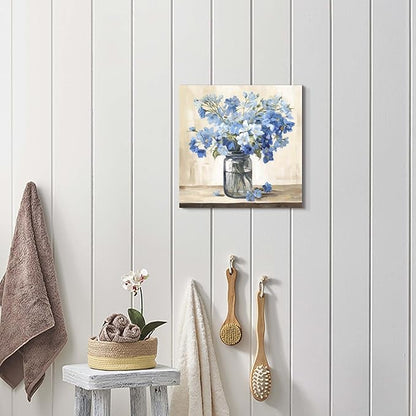 ArtSquare Blue Floral Canvas Wall Art - Tranquil Vase Flowers Painting Nature Scenery Artwork Blossom Prints for Bedroom Bathroom Decor 12x12 Inch
