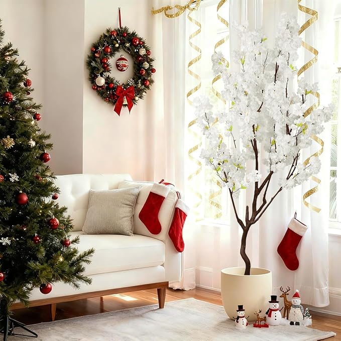 7.2ft Tall Artificial White Cherry Blossom Tree Indoor Decor, Fake Silk Flower Cherry Tree Plant Outdoor, Faux Flowering Tree Christmas New Year Home Decor