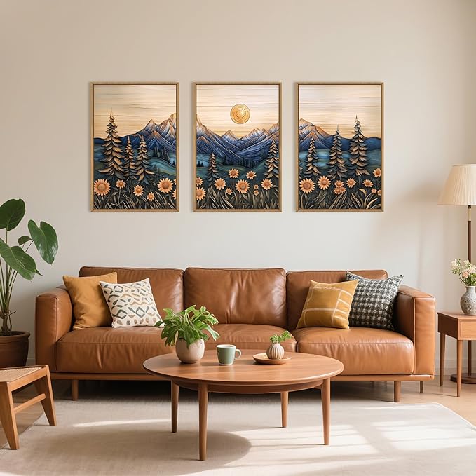 Aryroi Vintage Woodcut Style Mountain Framed Canvas Wall Art Set, Natural Forest Pine Tree Sunflower Wall Decor,Abstract Sunrise Botanical Landscape Artwork for Living Room,Bedroom,Office- 16"x24"x3