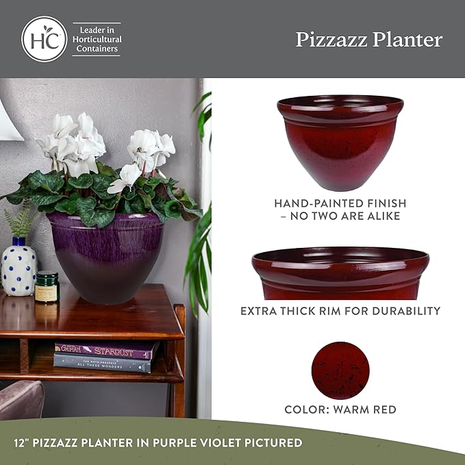 The HC Companies Pizzazz Decorative Round Flower Pots w/Ceramic Look - UV-Resistant Decorative Pot for Outdoor & Indoor Plant Pots - Modern Planter for Flower, Herbs (9” Warm Red, Pack of 1)