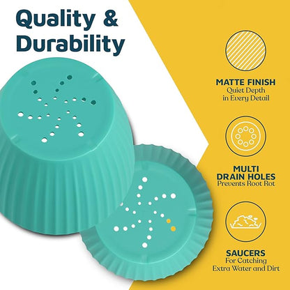 Aqua 6-Inch Plant Pots with Drainage & Saucers 18 Pack, Indoor & Outdoor Planters for Houseplants, Herbs, and Flowers, Durable & Weatherproof Material, Stackable, Lightweight, Minimalist Design