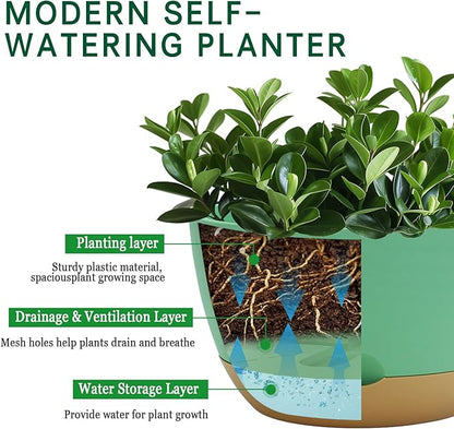 8/10/12 Inch Pots for Indoor Plants, Large Self Watering Planters with Drainage and Saucers, Plastic Outdoor Flower Pot, Set of 3, Green