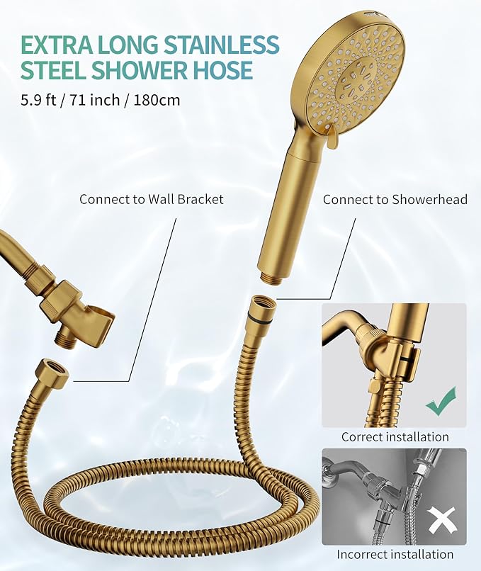 SR SUN RISE Filtered Shower Head with Handheld High Pressure 9 Spray Mode Showerhead Detachable Shower Head Water Softener Filters Beads for Hard Water Remove Chlorine 4 Filters Brushed Gold