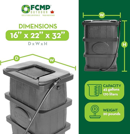 FCMP Outdoor Slim Line Design 45-Gallon Wood Grain Outdoor Home Rain Water Catcher Barrel Flat Back Container with Spigots and Mesh Screen, Black