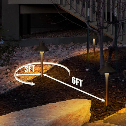 GKOLED Solid Brass Landscape Path Lights (5" Shade, 20" Tall), Low Voltage LED 3W 12-24V China Hat Path Lighting, Outdoor Waterproof Walkway Light, 2700K Warm White, with Stake and G4 Bulb, 12 Pack