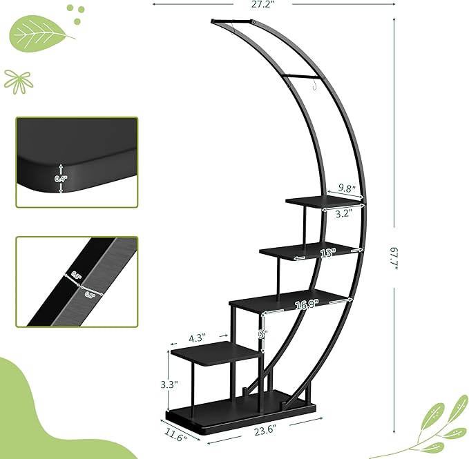 JACK&JULIA Plant Stand, Moon 5 Tier Tall Metal Plant Shelf with 3 Hooks, Large Curved Shape Rack Plant Holder for Living Room, Garden, Patio, Balcony