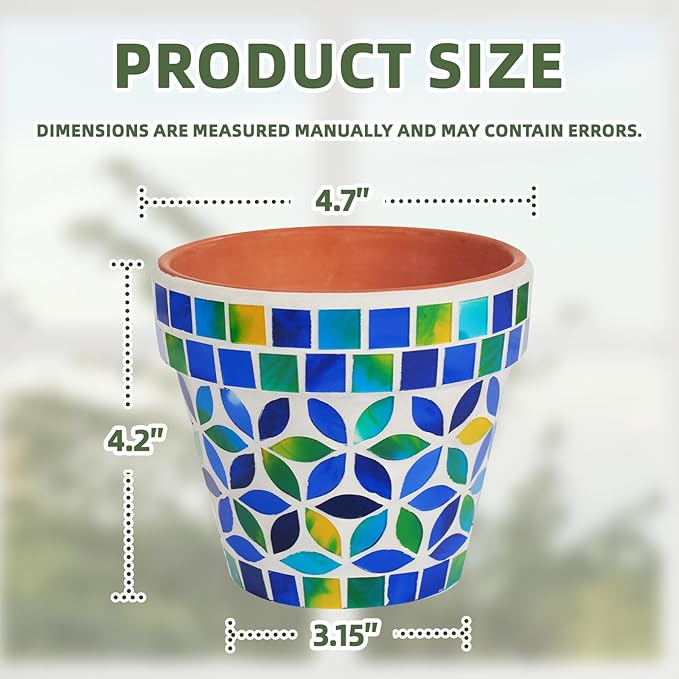 VOREEN 4.2 Inch Decorative Mosaic Terracotta Plant Pot, Handmade Glass Mosaic & Clay Flower Pot with Drainage Plug, Small Indoor Outdoor Planter for Home Decor, Windowsill, Balcony & Covered Patio
