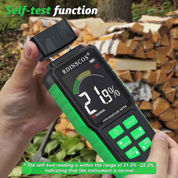 Rechargeable Moisture Meter for Wood, Drywall & Flooring – Pin-Type Moisture Detector with Replaceable Pins, Hold Function & Custom Wood Settings