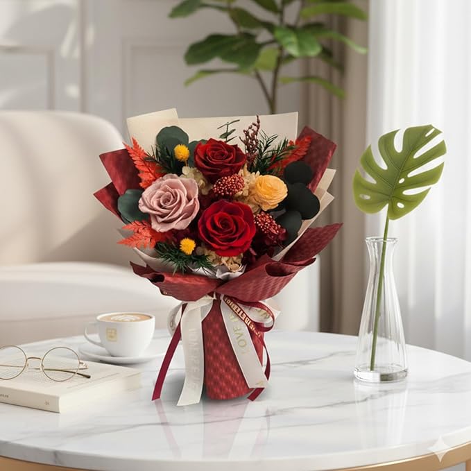 Vaanshie Premium Preserved Flower Bouquet Ideal for Mother's Day Gifting (Waffle Red)