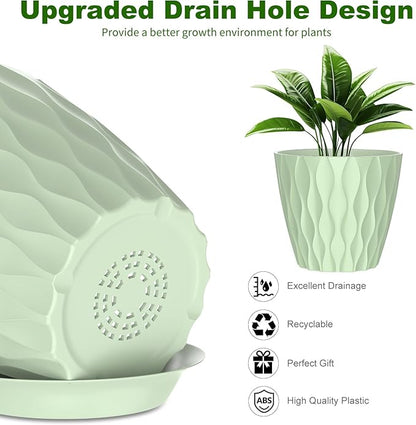 6 Pack 7 Inch Indoor Plant Pots with Drainage Holes, Outdoor Plastic Decorative Flower Pots, Garden Planters with Tray Saucers for Orchids, Violets, Succulents, Herbs, and Other Plants