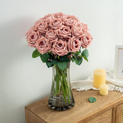 Fake Roses Faux Flowers Silk Roses 16.5In Artificial Roses with Stems Realistic Artificial Flowers Suitable for Indoor Home Decor DIY Bouquet Wedding Decor Party Decor 24PCS (Pink Purple)