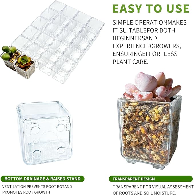 24 pcs Mini Clear Plastic Planter with Box, 2.8cm/1.1in with Drainage Hole & Bottom Support. Mini Succulent Nursery Pots for Roots Viewing, Home Potting, DIY, Office/Window Sill Decor