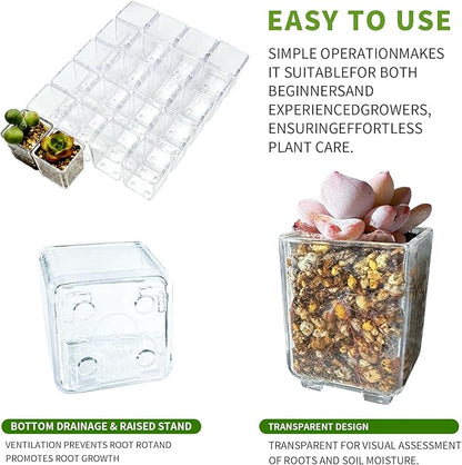 24 pcs Mini Clear Plastic Planter with Box, 2.8cm/1.1in with Drainage Hole & Bottom Support. Mini Succulent Nursery Pots for Roots Viewing, Home Potting, DIY, Office/Window Sill Decor