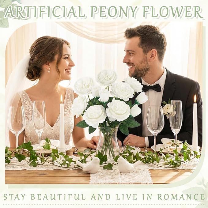 36 Bundles Artificial Flowers Peonies Roses Fake Bouquet for Wedding Bridal Shower Valentine's Day Decorations Fake Floral Arrangements Table Centerpieces Home Decor(White)