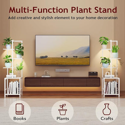 Plant Stand Indoor with Grow Light, 5-Tiered Tall Plant Stand Indoor, Metal Plant Shelf with Bookshelf Bookcase and Adjustable Light, Ideal for Living Room, Reading room, Garden, Patio (white)