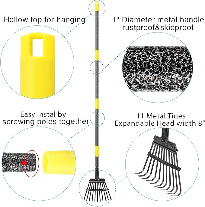 Garden Leaf Rake for Lawns Heavy Duty, Adjustable Shrub Iron Thatch Rake Long Handle 30-58", 11 Tines 9" Wide Adult Kids Yard Small Metal Rake for Leaves Gardening Camping Debris Flower Beds