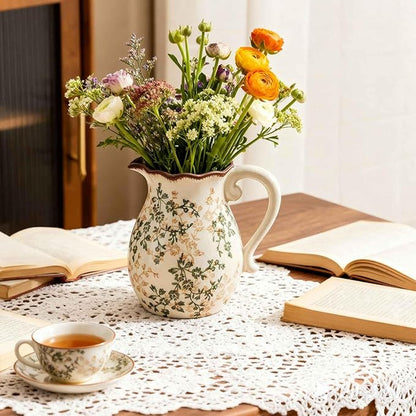 Vintage Ceramic Vase with Handle, Green and Beige Rustic Flower Pitcher Vase for Home Decor, Decorative Vase for Living Room, Bookshelf, Office, Vases for Centerpieces 8 Inch