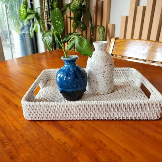 Rectangle Rattan- Handmade Serving Tray-Decorative Woven Ottoman-Trays with Handles for Coffee Table Natural Basket Wave Tray, L-11.7inch & H-2.3inch (White)