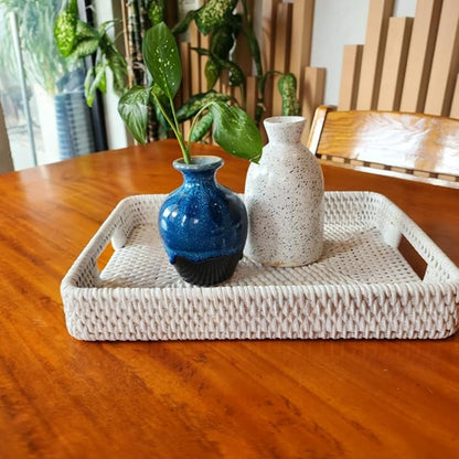Rectangle Rattan- Handmade Serving Tray-Decorative Woven Ottoman-Trays with Handles for Coffee Table Natural Basket Wave Tray, L-11.7inch & H-2.3inch (White)