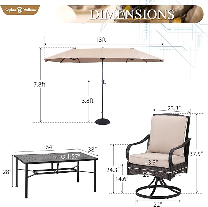 Sophia & William Outdoor Patio Table and Chairs for 6 with 13ft Beige Umbrella Outdoor Dining Set with 6 Padded Large Patio Swivel Rocking Chairs, 64" X 39" Rectangular Metal Table,1 Umbrella