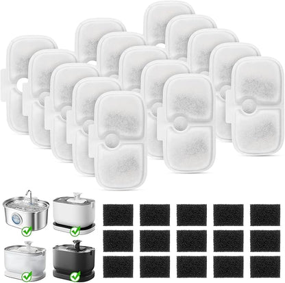 15+15 Pack Cat Water Fountain Filters, Pet Water Fountain Filters Replacement for Dog/Cat Stainless Steel Fountain PLWF005/PLWF115/PLWF105, 7 Months Set to Keep Drinking Fresh