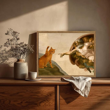 Funny Creation of Adam and Cat Wall Art, Whimsical Cat and God Wall Decor Painting Quirky Michelangelo and Animal Poster Canvas Print for Bedroom Living Room 16x24 inch Wood Framed
