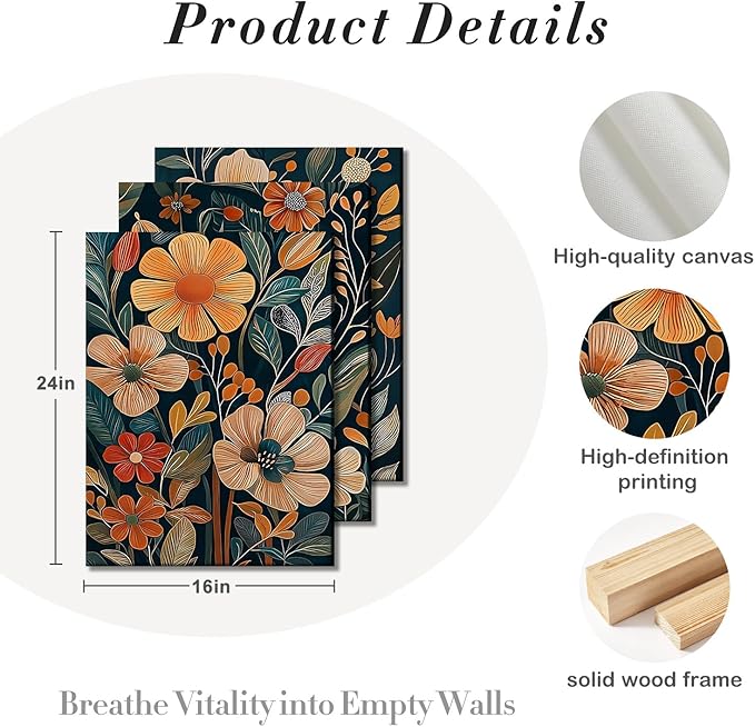 Kdyudo 3 pcs Vintage Orange Floral Framed Canvas Wall Art, Medieval Modern Floral Paintings, Natural Botanical Artwork, Bohemian Neutral Botanical Decorative Artwork, Living Room, Office, Office, 16x24 Inch