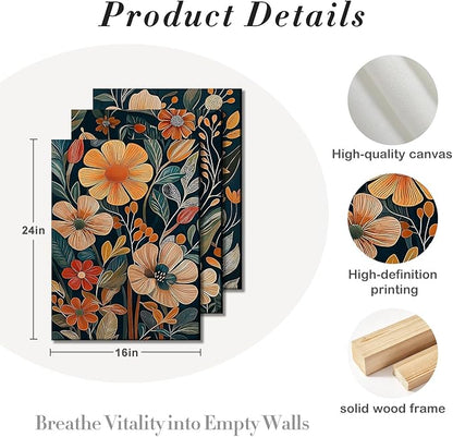 Kdyudo 3 pcs Vintage Orange Floral Framed Canvas Wall Art, Medieval Modern Floral Paintings, Natural Botanical Artwork, Bohemian Neutral Botanical Decorative Artwork, Living Room, Office, Office, 16x24 Inch