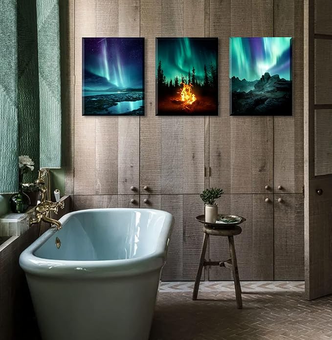 BLINFEIRU Northern Lights Canvas Wall Art Set of 3, Aurora Borealis Pictures for Living Room Decor, Modern Farmhouse Bedroom Paintings Prints, Home Office Artwork, Framed Ready to Hang