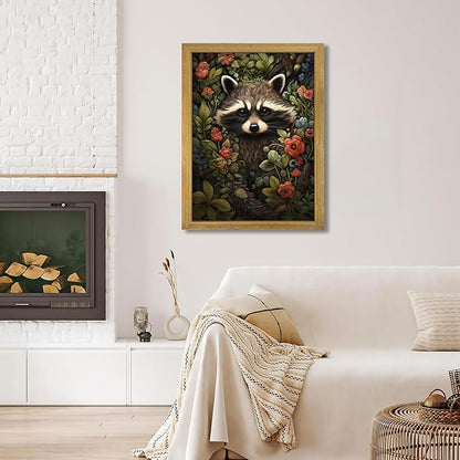 SAMHOU Framed 3D Textured Wall Art, Vintage Hand Drawn Sandstone Raccoon Wall Decor, Dark Academia Animal with Botanical Florals Paintings for Living Room Bedroom Bathroom Home Decor 16x24 inch