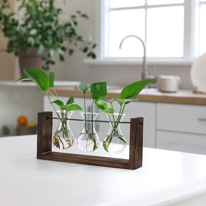 YIBOT Wall Hanging Planter Propagation Station Glass Flower Vase for Hydroponics Plants, Plant Terrarium with Wooden Stand, Bathroom, Home Office Living Room Decor Gift