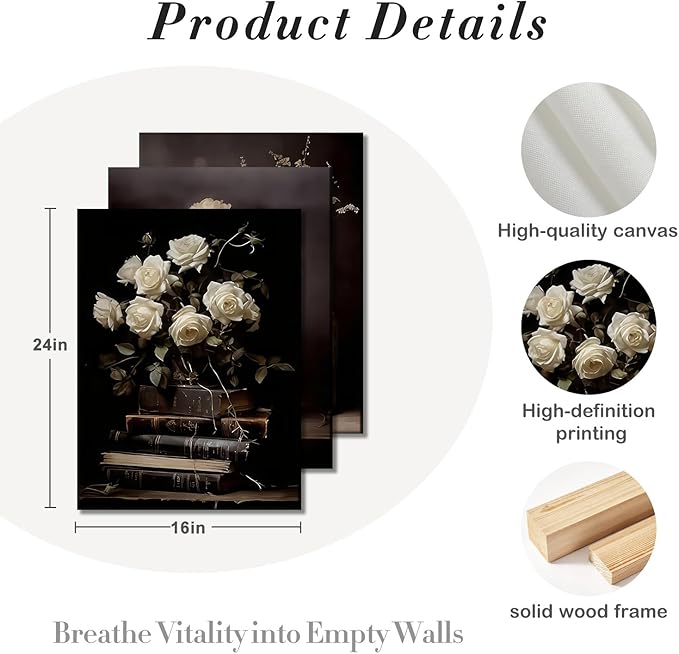 Kdyudo3 pcs Vintage Moody Floral Book-Framed Canvas Wall Art, Dark Mood Still Life Floral Print Paintings Vase Rose Plant Farmhouse Decor, Dark College Posters, Kitchen, Bedroom, Office, 16x24 inch