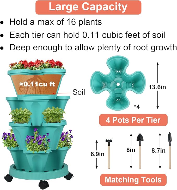 GameXcel Vertical Planter 4 Tier Stackable Planters Garden Planters Strawberry Herb Flower and Vegetable Planter Indoor Outdoor Gardening Pots with Removable Wheels and Tools