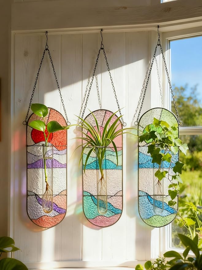 Stained Glass Plant Propagation Stations - Handmade Sunshine Catcher Hydroponic Planter Window Hanging with Glass Tubes, Christmas Terrarium Decor Gifts for Women Mom Plant Lovers, Green