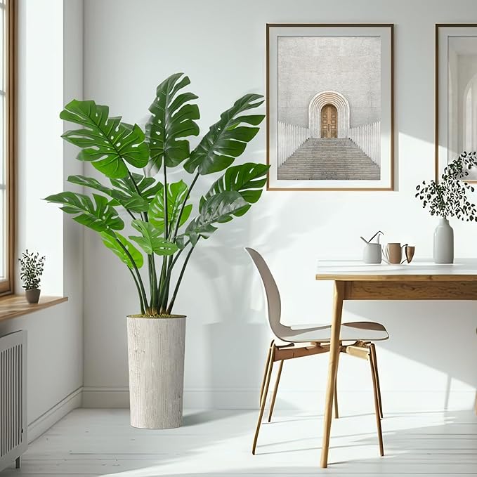 Artificial Tree in Modern Swirl Pattern Planter, Fake Monstera Silk Tree for Indoor and Outdoor Home Decoration - 65" Overall Tall (Plant Pot Plus Tree)