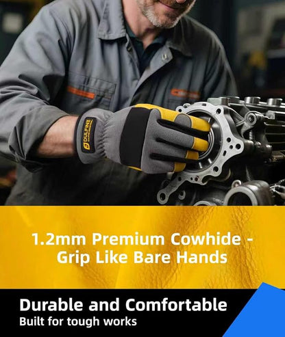 DULFINE Cow Leather Palm Mechanic Work Gloves for Men & Women,Flexible Breathable Fit-Padded Knuckles,Ideal for Construction Yardworks DIY