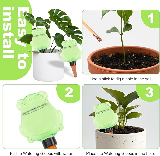 3Pcs Frog Plant Self Watering Globes for Indoor and Outdoor Plastic Water Bulbs Top Fill Plant Watering Globes Slow Release Terracotta Plant Watering Devices System for Plants, Green