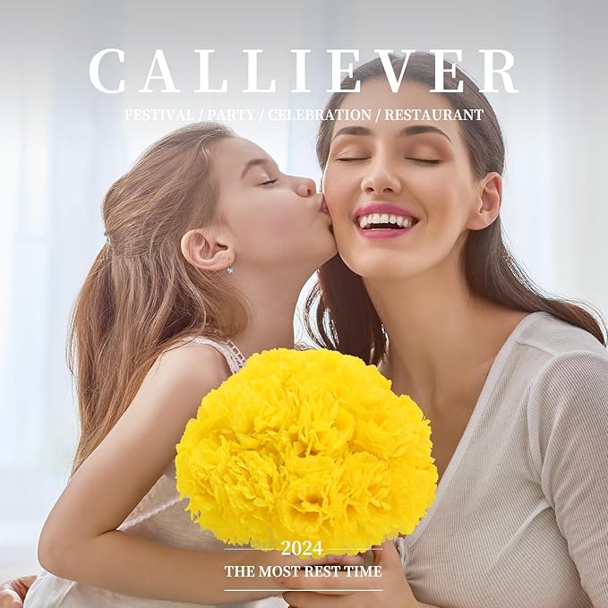 Silk Carnation Flower, 50 Artificial Flowers, Used for Wedding Decoration DIY Handmade Flowers, Carnation Flower Diameter 3.5 Inches and 6 Inches Stem (Yellow)