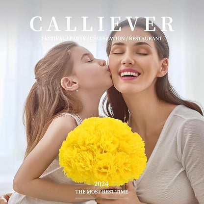 Silk Carnation Flower, 50 Artificial Flowers, Used for Wedding Decoration DIY Handmade Flowers, Carnation Flower Diameter 3.5 Inches and 6 Inches Stem (Yellow)