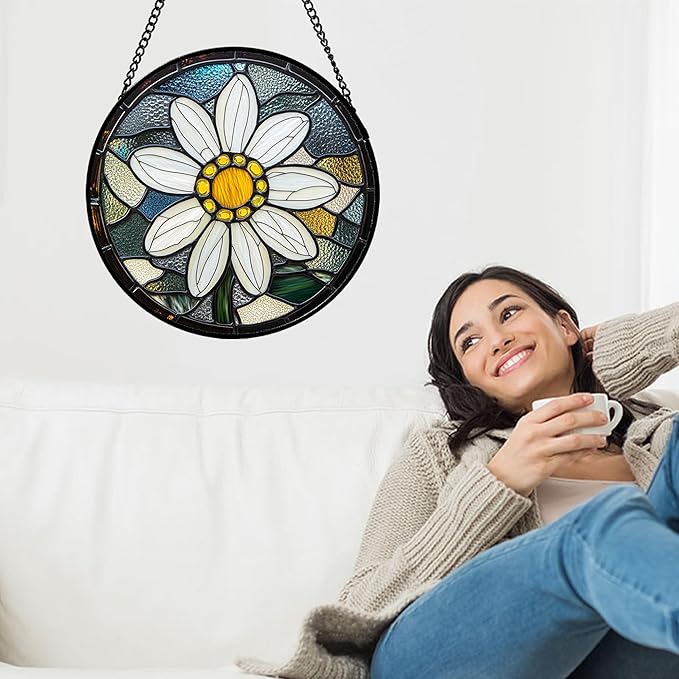 Stained Glass Window Hanging - Yellow White Daisy Birth Flower Suncatcher for Door Garden Yard Sun Catchers Decor Christmas Mother's Day Birthday Gifts for Teacher Women Mom Nana 6.3 in