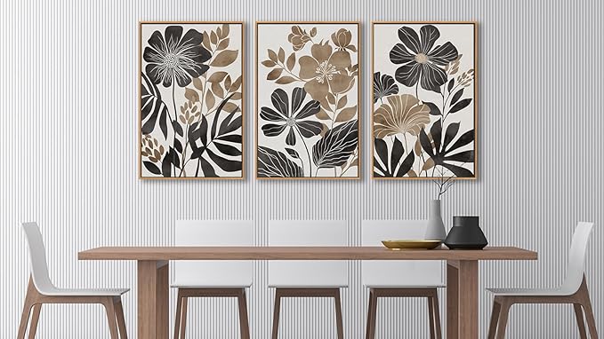 Large Framed Canvas Wall Art - Natural Float Framed Rustic Black Flowers Leaves Pictures Decor Brown Floral Foliage Artwork for Bedroom Living Room Kitchen Home Office Decoration 72" X 36" Set of 3